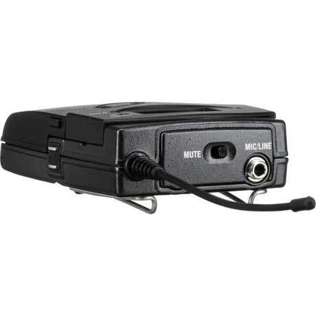 Sennheiser SK 100 G4-G bodypack transmitter with IR sync, 42MHz bandwidth, 1680 selectable frequencies, 100m range, 30mW RF output, and AA batteries