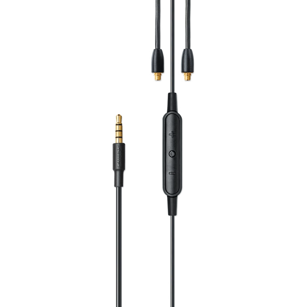 Shure RMCE 4-pin mini-jack earphone cable with in-line remote, built-in microphone, gold-plated connector, black tangle-resistant cable, and Shure SE Series compatibility