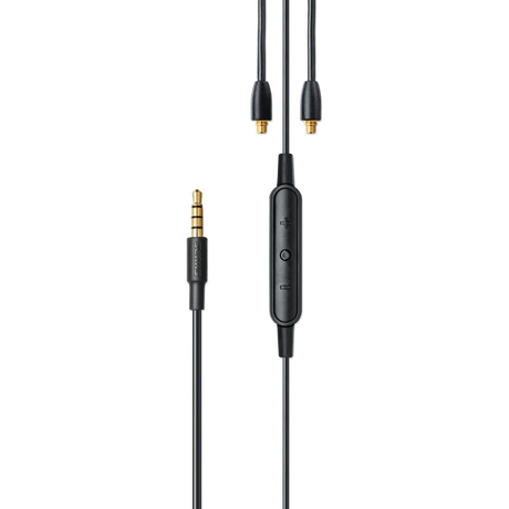 Shure RMCE 4-pin mini-jack earphone cable with in-line remote, built-in microphone, gold-plated connector, black tangle-resistant cable, and Shure SE Series compatibility
