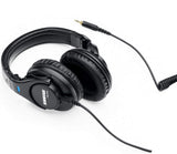 Shure SRH440 professional studio headphones with 40mm dynamic neodymium drivers, closed-back circumaural design, detachable coiled cable, 1/4-inch adapter, and carrying pouch