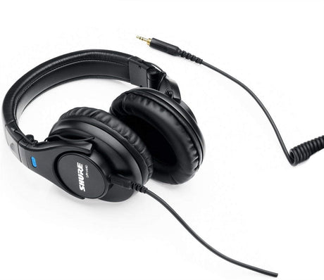 Shure SRH440 professional studio headphones with 40mm dynamic neodymium drivers, closed-back circumaural design, detachable coiled cable, 1/4-inch adapter, and carrying pouch