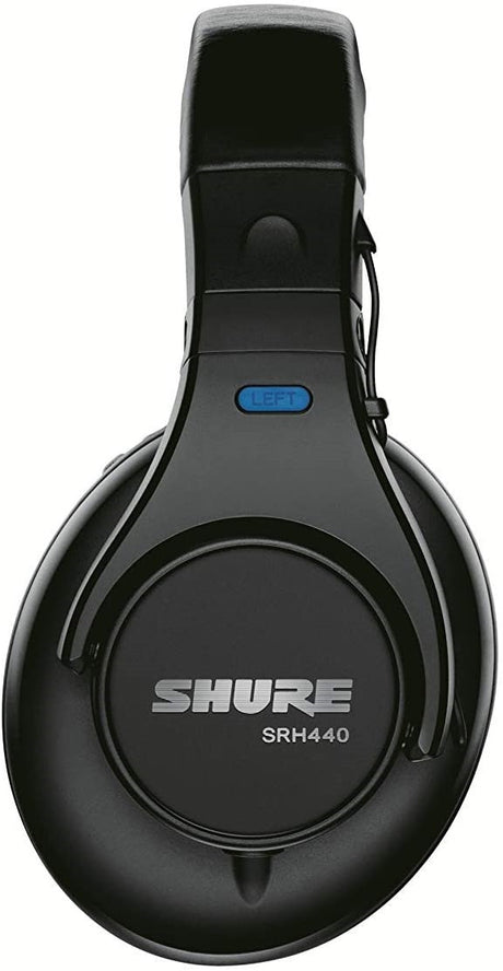 Shure SRH440 professional studio headphones with 40mm dynamic neodymium drivers, closed-back circumaural design, detachable coiled cable, 1/4-inch adapter, and carrying pouch