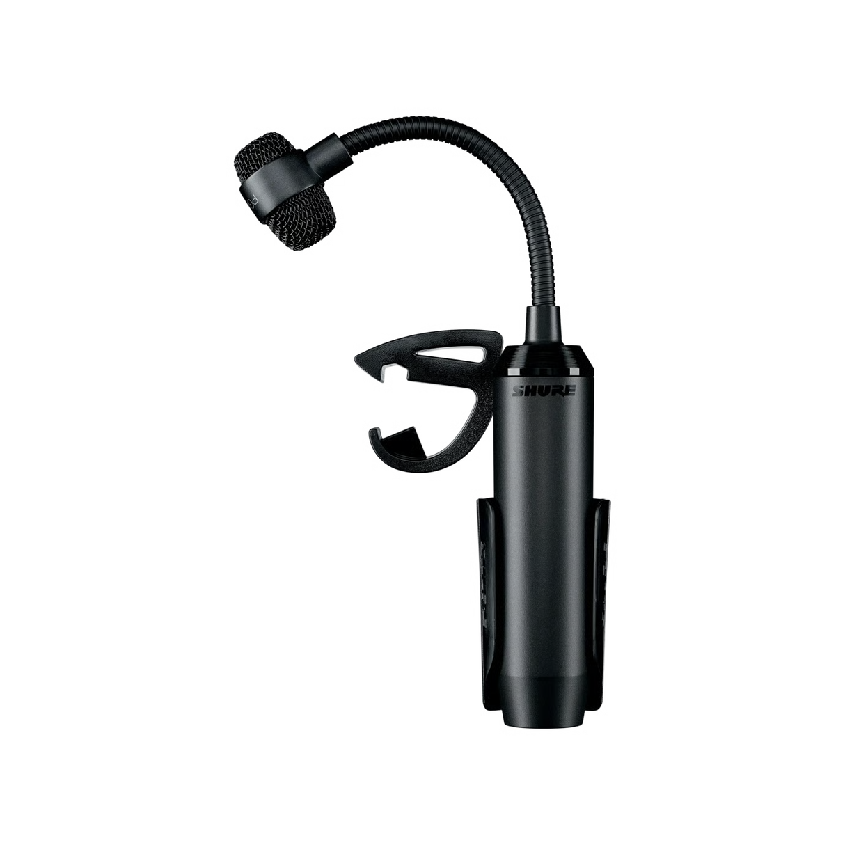 Shure PGA98D-LC gooseneck cardioid condenser drum microphone with integrated preamp, drum mount, zipper pouch, and no included cable