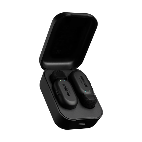 Shure MoveMic Two 2-Channel Wireless Lavalier Microphone Z7 with two clip-on mics charging case USB-C cable IPX4 rating and phone recording