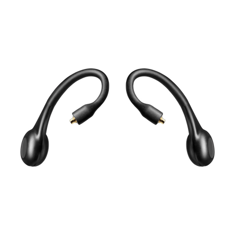 Shure RMCE-TW2 True Wireless Secure Fit Adapter Gen 2 product image showing the black wireless earphone adapters with over-ear hooks, charging case, and USB-C cable on a white background