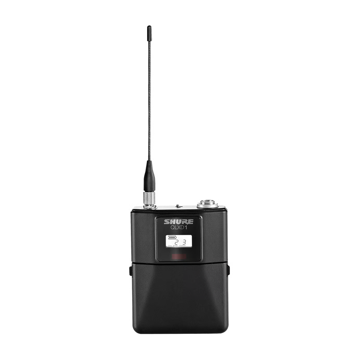 Shure QLXD1 digital wireless bodypack transmitter with TA4M input, AES 256-bit encryption, backlit LCD, 1/4 wave antenna, and belt clip