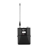 Shure QLXD1 digital wireless bodypack transmitter with TA4M input, AES 256-bit encryption, backlit LCD, 1/4 wave antenna, and belt clip