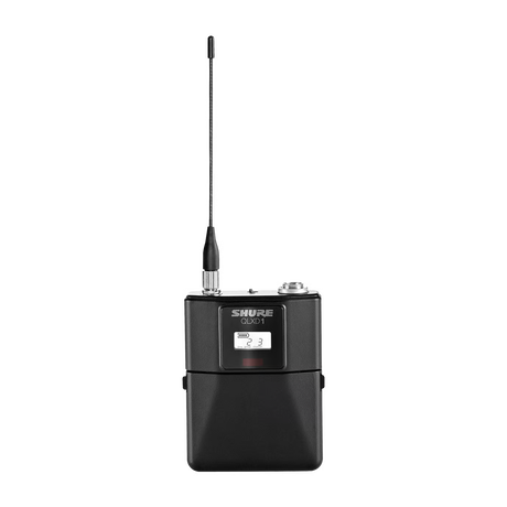 Shure QLXD1 digital wireless bodypack transmitter with TA4M input, AES 256-bit encryption, backlit LCD, 1/4 wave antenna, and belt clip