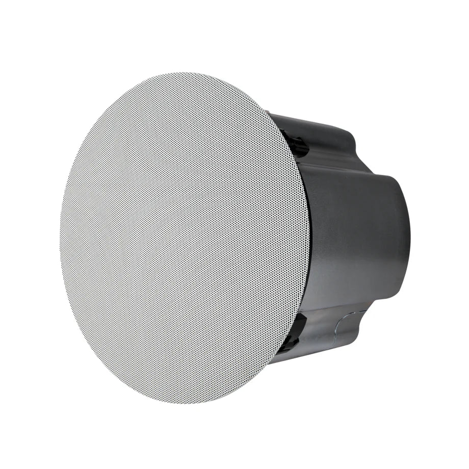 Front view of Sonance PS-C83RT 8-inch in-ceiling speaker with smooth white trimless magnetic grille for discreet ceiling mounting