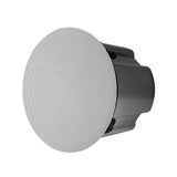 Front view of Sonance PS-C83RT 8-inch in-ceiling speaker with smooth white trimless magnetic grille for discreet ceiling mounting