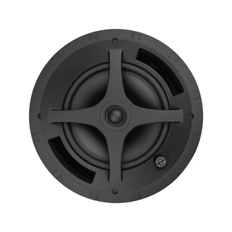 Sonance PS-C83RT in-ceiling speaker with grille removed, showing 8-inch woofer and pivoting tweeter inside round ceiling-mount frame