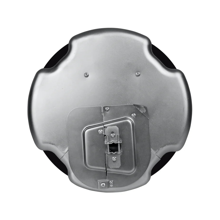 Rear view of Sonance PS-C83RT in-ceiling speaker showing sealed metal back can enclosure with mounting clamps and cable connection terminal