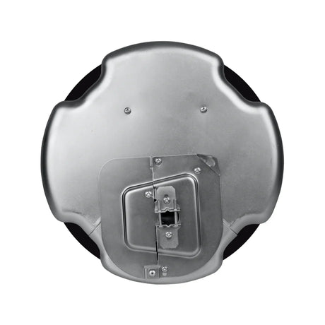 Rear view of Sonance PS-C83RT in-ceiling speaker showing sealed metal back can enclosure with mounting clamps and cable connection terminal