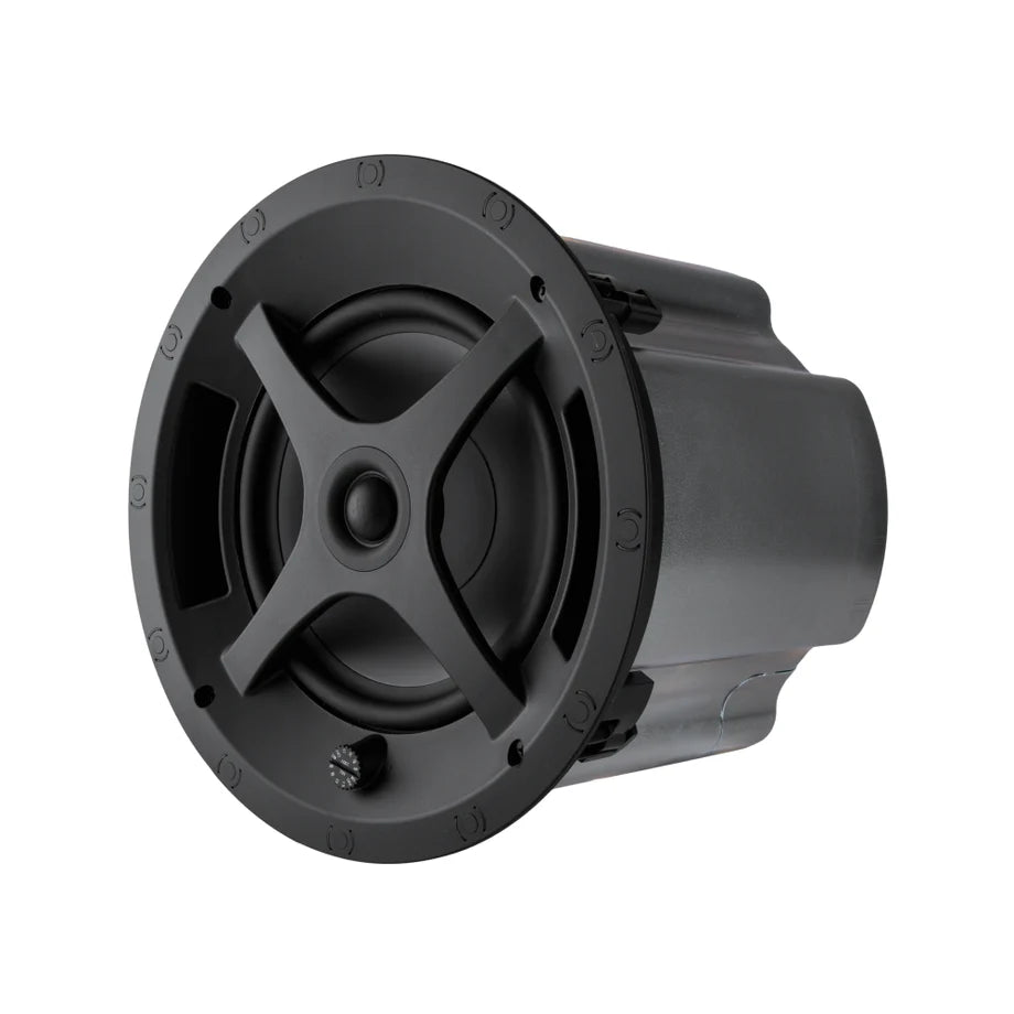 Angled view of Sonance PS-C83RT professional in-ceiling speaker highlighting low-profile round design and trimless white finish