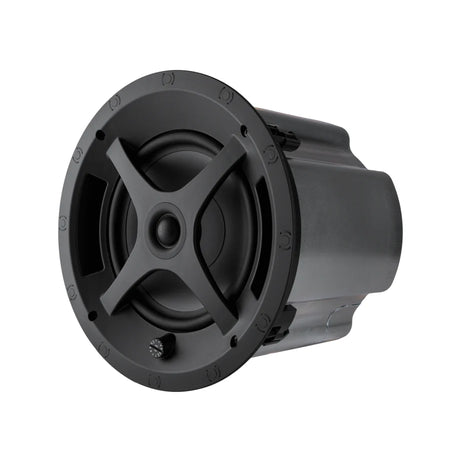 Angled view of Sonance PS-C83RT professional in-ceiling speaker highlighting low-profile round design and trimless white finish