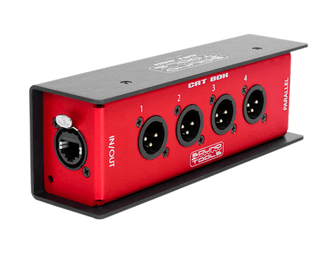 SoundTools CAT Box 4 male XLR to etherCON stage box with parallel connectivity, four balanced audio channels over shielded Cat5, analog, DMX, AES3, intercom, and phantom power support