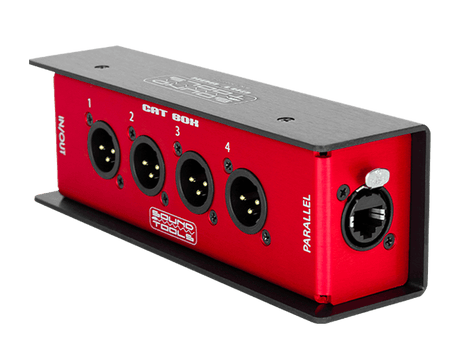 SoundTools CAT Box 4 male XLR to etherCON stage box with parallel connectivity, four balanced audio channels over shielded Cat5, analog, DMX, AES3, intercom, and phantom power support