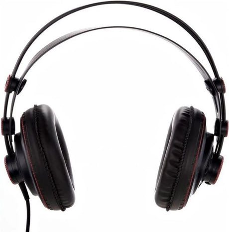 Superlux HD-681 semi-open studio headphones with black and gold earcups, self-adjusting headband, and single-sided cable for professional monitoring