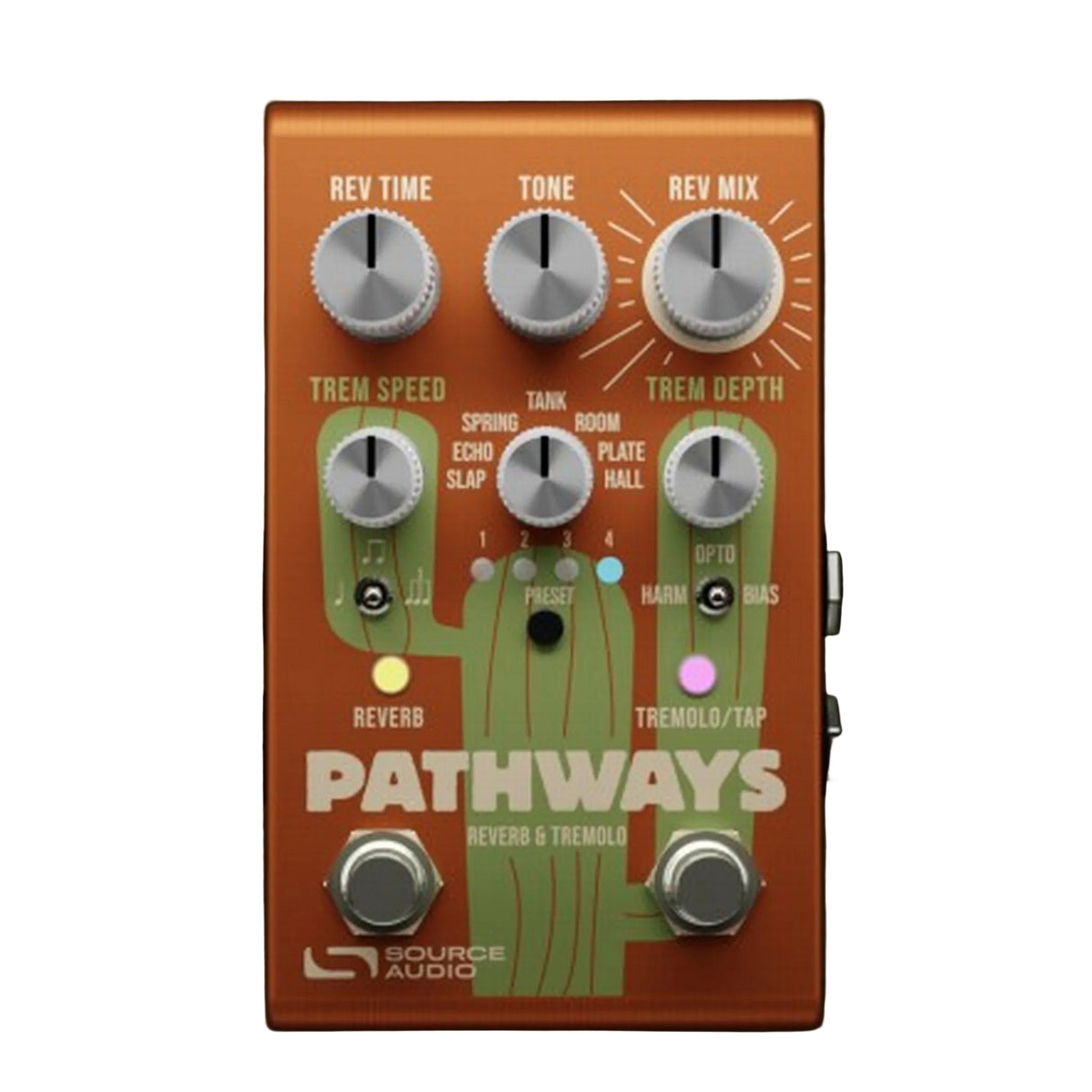 Guitar effects pedal with 'Pathways' branding on an orange and green background