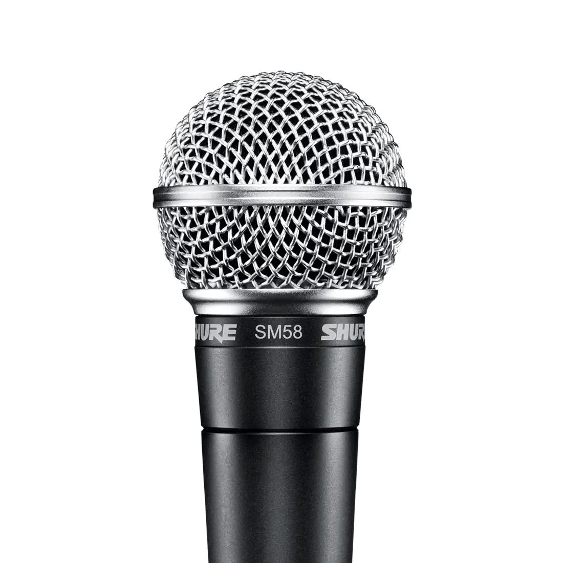 Front view of Shure SM58 cardioid dynamic vocal microphone showing metal grille and dark gray body