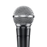 Front view of Shure SM58 cardioid dynamic vocal microphone showing metal grille and dark gray body