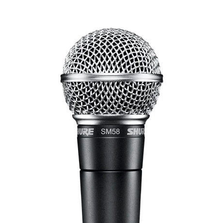 Front view of Shure SM58 cardioid dynamic vocal microphone showing metal grille and dark gray body