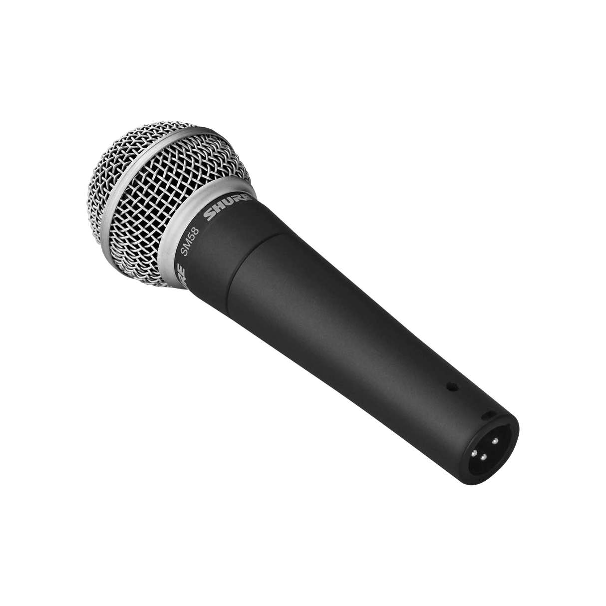 Angled view of Shure SM58 cardioid dynamic vocal microphone showing metal grille, dark gray body, and XLR connector