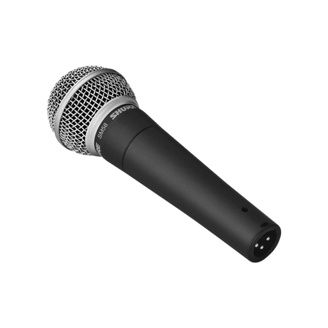 Angled view of Shure SM58 cardioid dynamic vocal microphone showing metal grille, dark gray body, and XLR connector