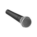 Shure SM58 dynamic vocal microphone with black body and silver grille, angled view on transparent background