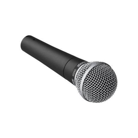 Shure SM58 dynamic vocal microphone with black body and silver grille, angled view on transparent background