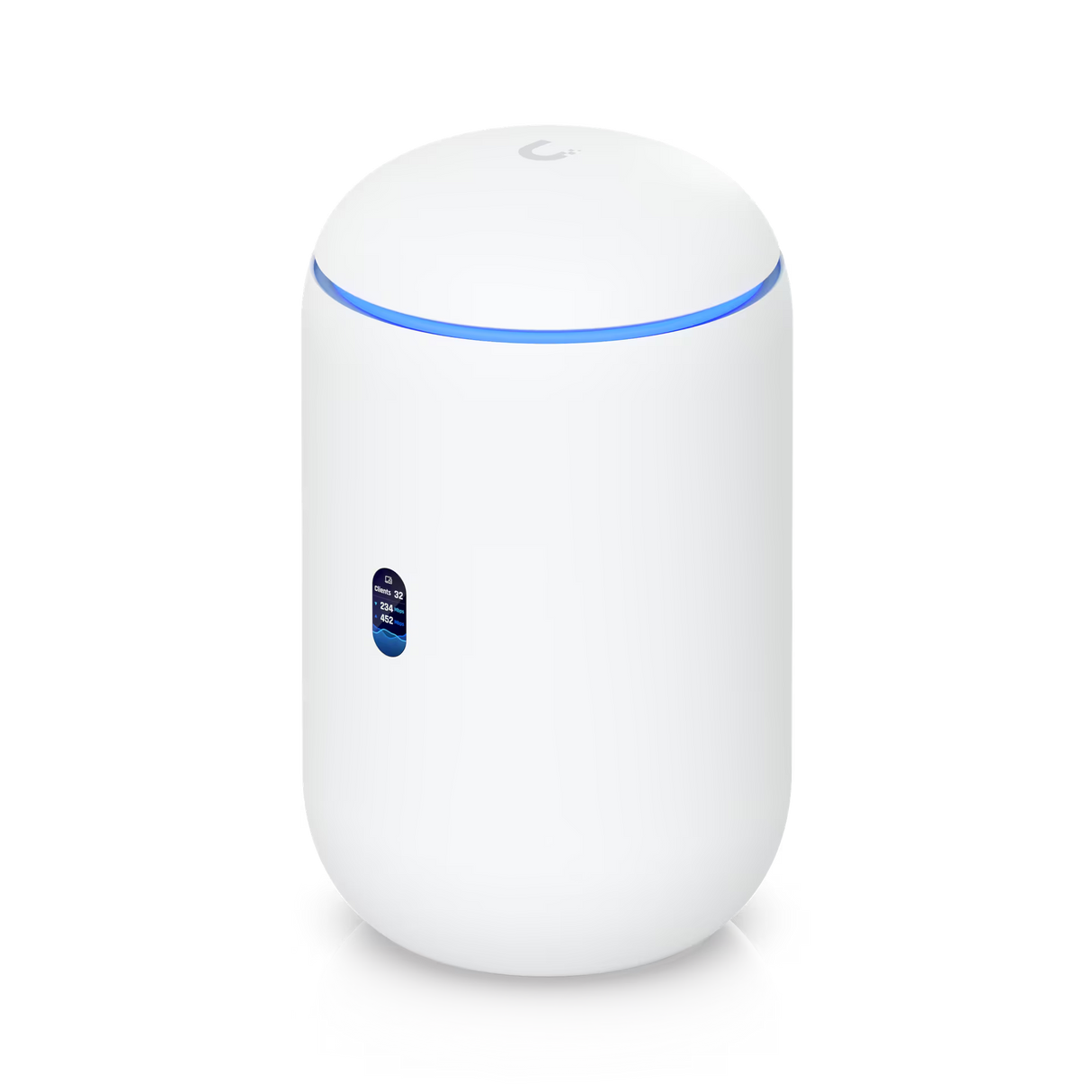 A compact, cylindrical white Ubiquiti UniFi Dream Router (UDR) WiFi 6 gateway standing upright on a neutral background, featuring a glossy polycarbonate finish, subtle ventilation on the sides, a blue status LED ring around the dome-shaped top antenna area, and rear Gigabit Ethernet ports including PoE LAN connections for network devices