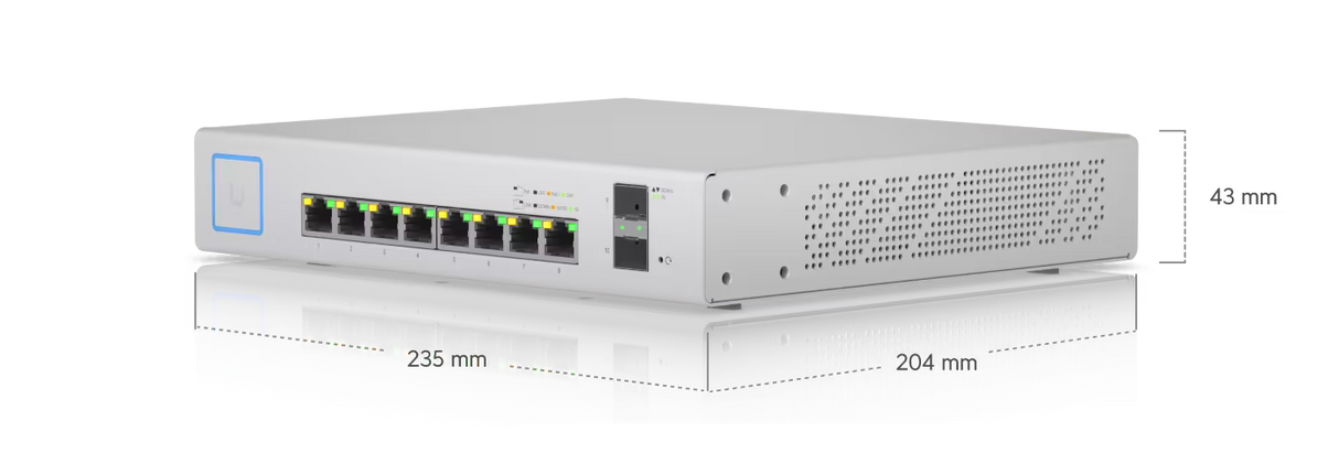 Ubiquiti UniFi Switch 8 150W PoE + Compact Gigabit Switch with 8 RJ45 ports 2 SFP ports 130W PoE budget and fanless design