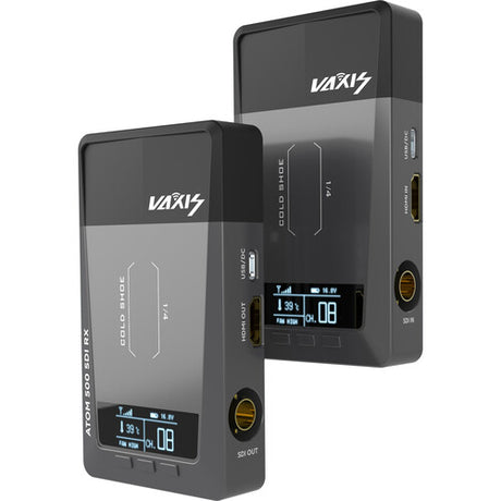 Vaxis Atom 500 SDI wireless video transmission system with SDI HDMI input output 500ft line of sight range USB-C power and OLED display