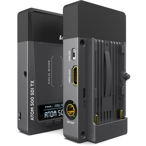 Vaxis Atom 500 SDI wireless video transmission system with SDI HDMI input output 500ft line of sight range USB-C power and OLED display