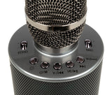 Close-up of the VocoPro Pop-Up-Oke control panel featuring chrome buttons for Echo, Mic volume, Power/Mode, LED light control, and playback navigation sitting atop the integrated mesh speaker