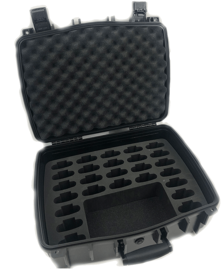 Interior view of the Williams AV CCS 056 26 case showing the custom 26-slot gray foam insert, protective egg-crate foam lid, and durable black copolymer outer shell