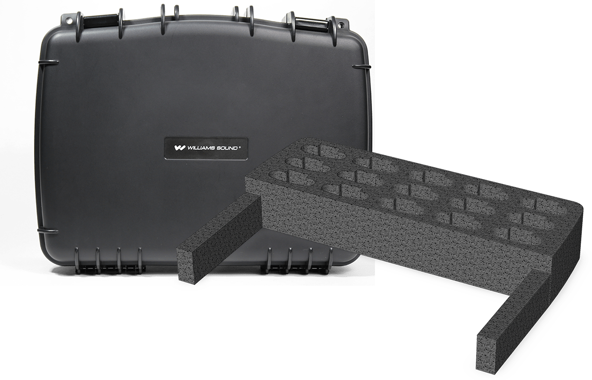 Williams AV CCS-056-S carry case with durable exterior and 15-slot foam insert designed to store and protect bodypack receivers and PPA T46 transmitters for FM, IR, and loop systems