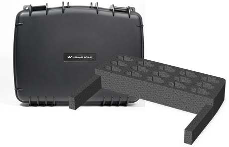 Williams AV CCS-056-S carry case with durable exterior and 15-slot foam insert designed to store and protect bodypack receivers and PPA T46 transmitters for FM, IR, and loop systems