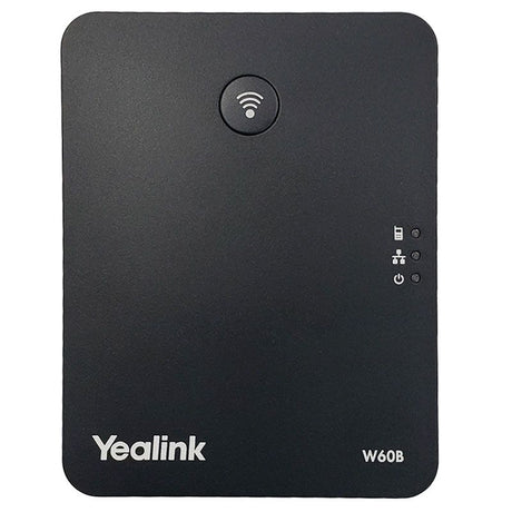 Front view of the Yealink W60B DECT IP base station in dark gray, featuring the wireless signal icon, three green status LEDs for power lock signal and power, and Yealink branding with model number on a white background