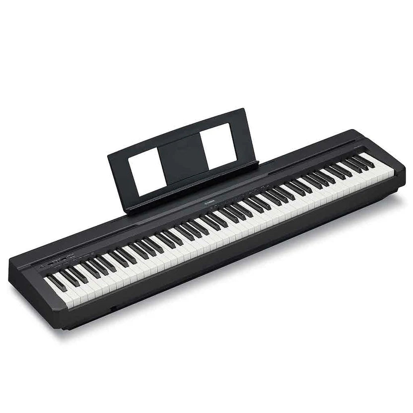 Angled view of a Yamaha P-45B black 88-key digital piano with an attached sheet music rest, showing the full-sized weighted keyboard and slim, portable body design