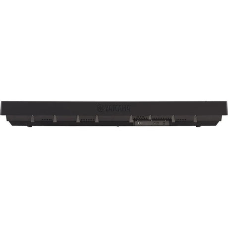 Rear view of the Yamaha P-45B digital piano in black, showing the slim back panel with the Yamaha logo, rear ventilation slots, and a recessed area housing power, sustain pedal, headphone, and USB-to-host connections