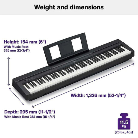 Graphic showing the Yamaha P-45B black 88-key digital piano with music rest, overlaid with its dimensions and weight: width 1,326 mm (52-1/4"), height 154 mm (6") or 325 mm (12-3/4") with music rest, depth 295 mm (11-1/2") or 387 mm (15-1/4") with music rest, and weight 11.5 kg (25 lbs 4 oz)