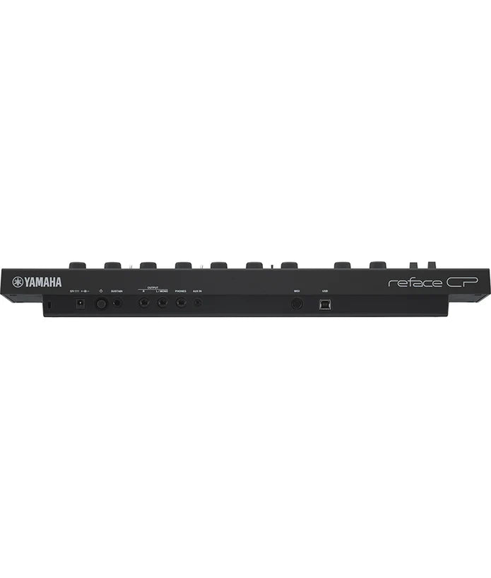 rear view of Yamaha reface CP mini vintage keyboard with 37 keys and effects knobs.