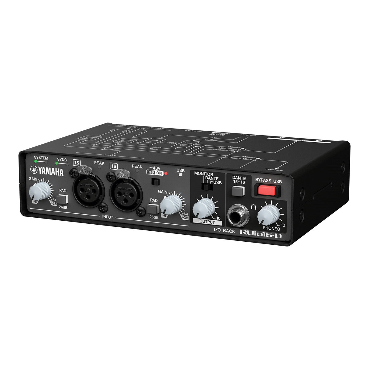 Yamaha RUIO16-D Dante-USB-Analog Audio Interface  with 16x16 Dante and USB I/O 2 XLR mic line inputs and VST Rack Pro software
