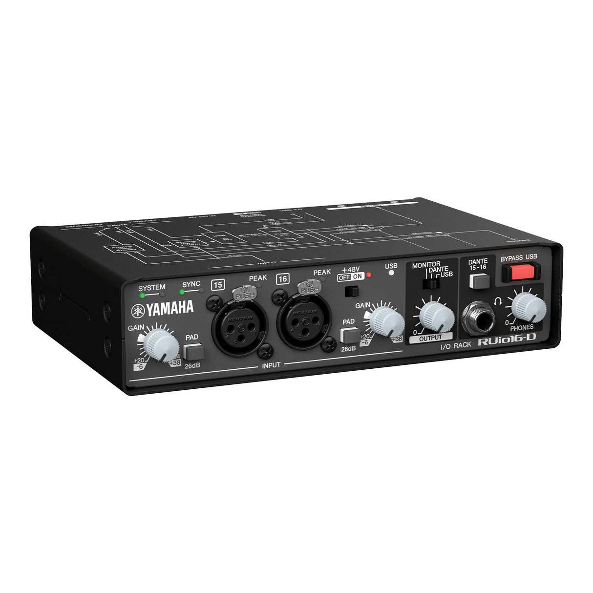 Yamaha RUIO16-D Dante-USB-Analog Audio Interface  with 16x16 Dante and USB I/O 2 XLR mic line inputs and VST Rack Pro software
