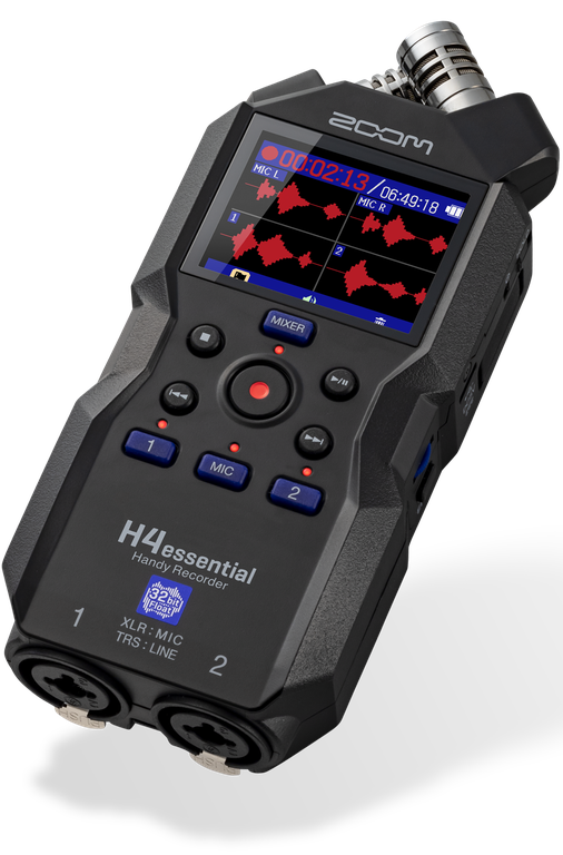 Zoom H4essential 4-track 32-bit portable recorder with X/Y stereo microphones, two XLR/TRS inputs, 130 dB SPL capture, USB-C interface mode, color LCD, and SDXC support