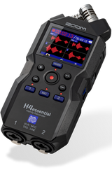Zoom H4essential 4-track 32-bit portable recorder with X/Y stereo microphones, two XLR/TRS inputs, 130 dB SPL capture, USB-C interface mode, color LCD, and SDXC support