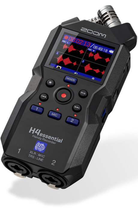 Zoom H4essential 4-track 32-bit portable recorder with X/Y stereo microphones, two XLR/TRS inputs, 130 dB SPL capture, USB-C interface mode, color LCD, and SDXC support