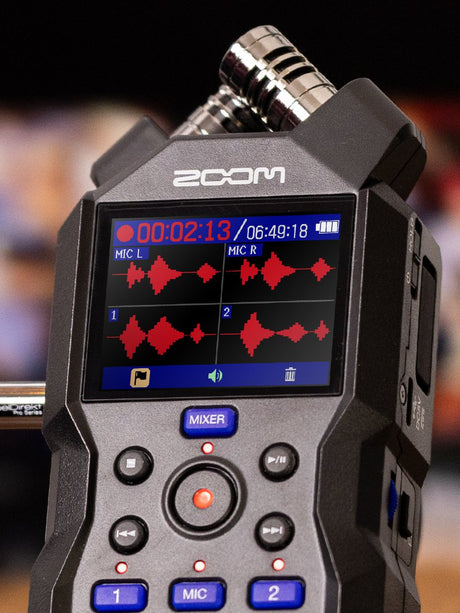 Zoom H4essential 4-track 32-bit portable recorder with X/Y stereo microphones, two XLR/TRS inputs, 130 dB SPL capture, USB-C interface mode, color LCD, and SDXC support