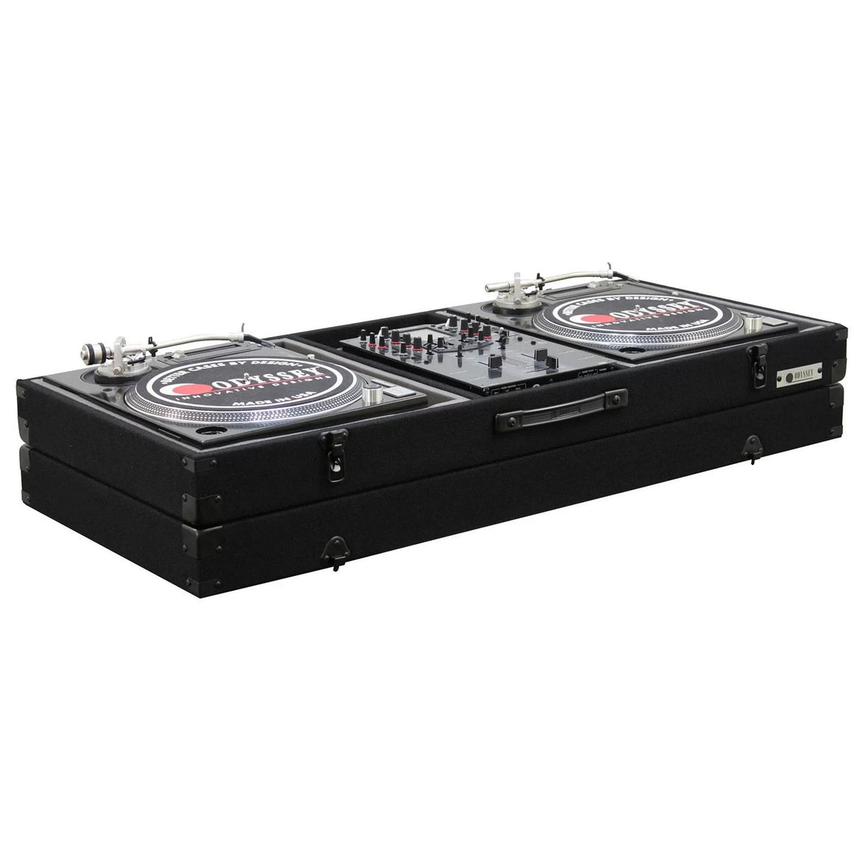 Odyssey Universal 10-Inch Format DJ Mixer and Two Battle Position Turntables Carpeted Coffin Case